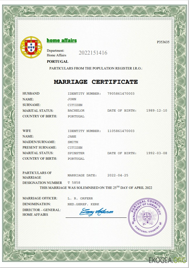 Modèle Word et PDF d'acte de mariage au Portugal